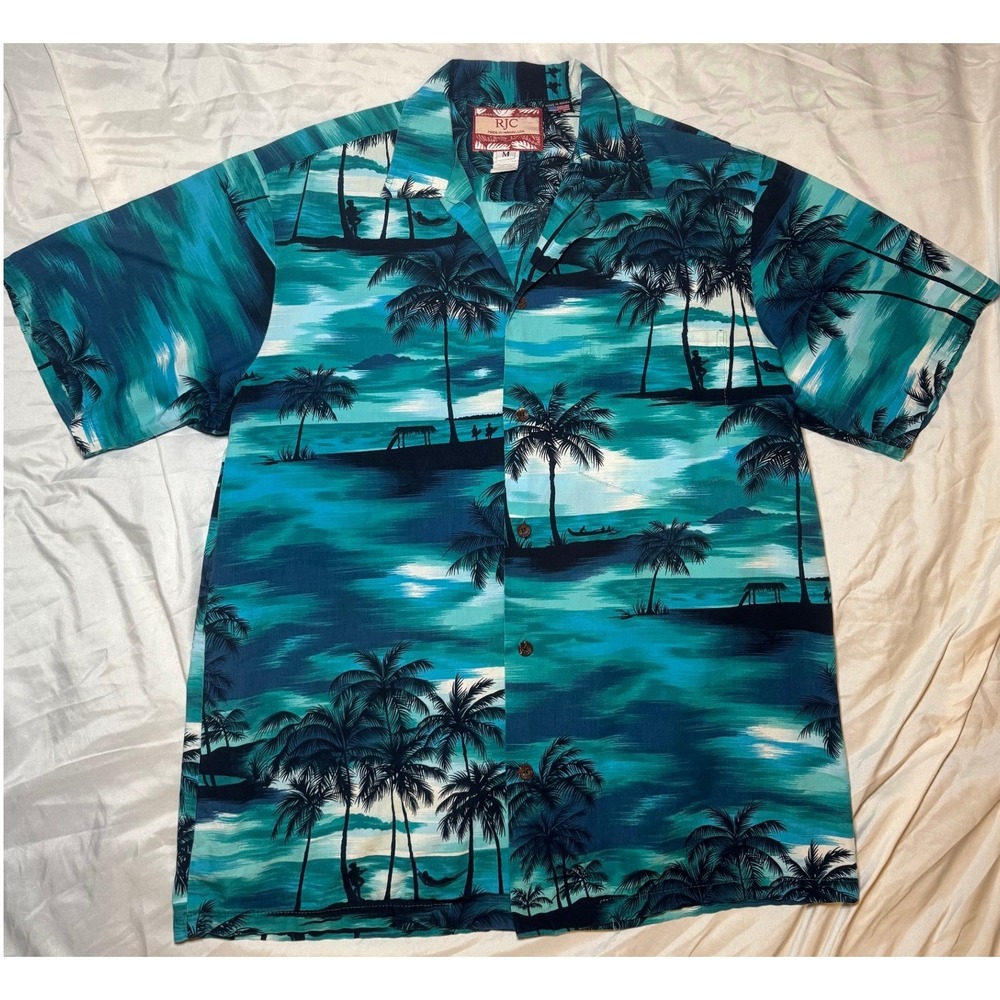 RJC VTG Made-In-Hawaii Hawaiian Shirt Medium Teal Blue Tropical Palm Tree Island